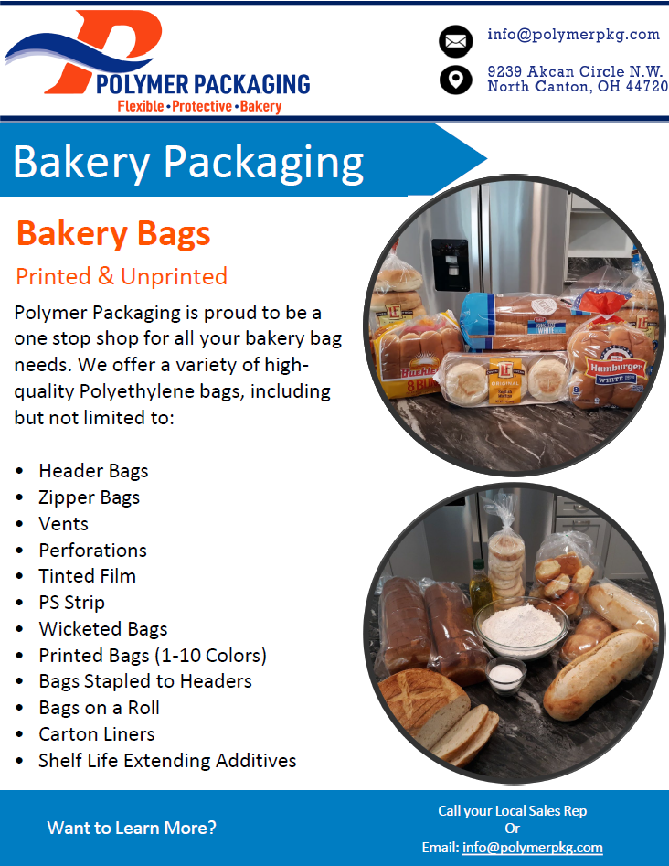 Bakery packaging sell sheet featuring a range of packaging solutions for baked goods, including bags, boxes, and wraps.
