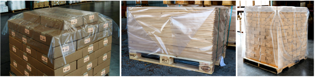 Three pallets, two with cardboard boxes and one with lumber, covered by a pallet shroud.
