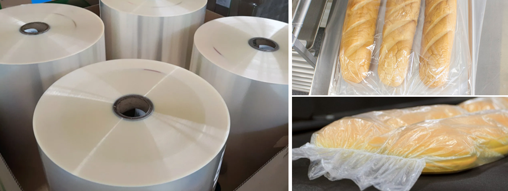 Three types of bakery films: shrink film, stretch film, and breathable film for packaging baked goods.