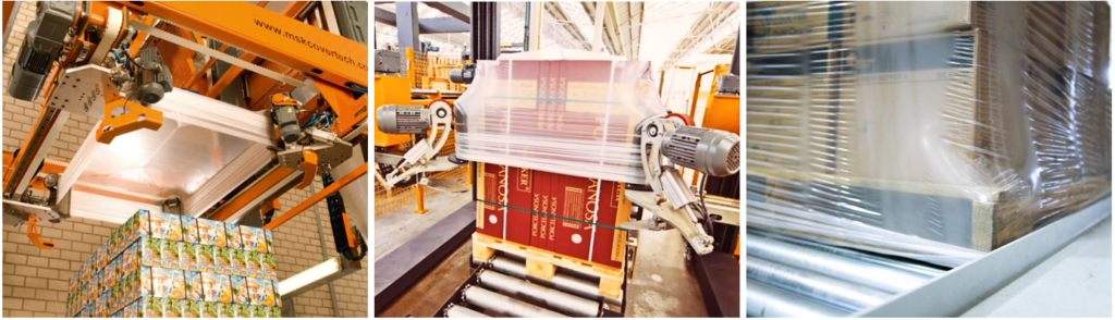 Three images showing stretch hood film being applied to packages in a warehouse.