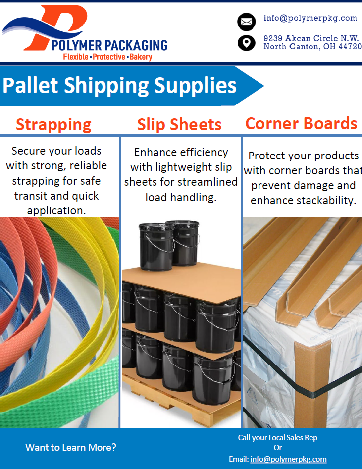 Pallet shipping supply sell sheet featuring strapping, slip sheets, and corner boards for secure palletization and transport.