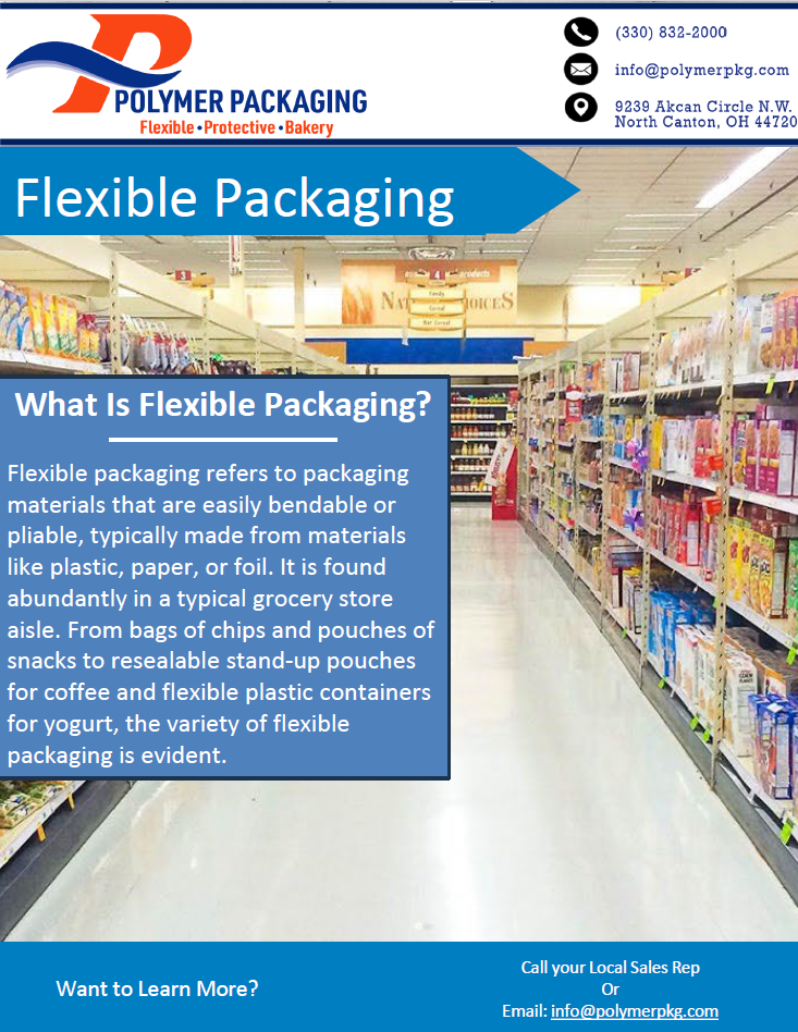 Flexible packaging sell sheet showcasing custom packaging solutions and materials for various industries.