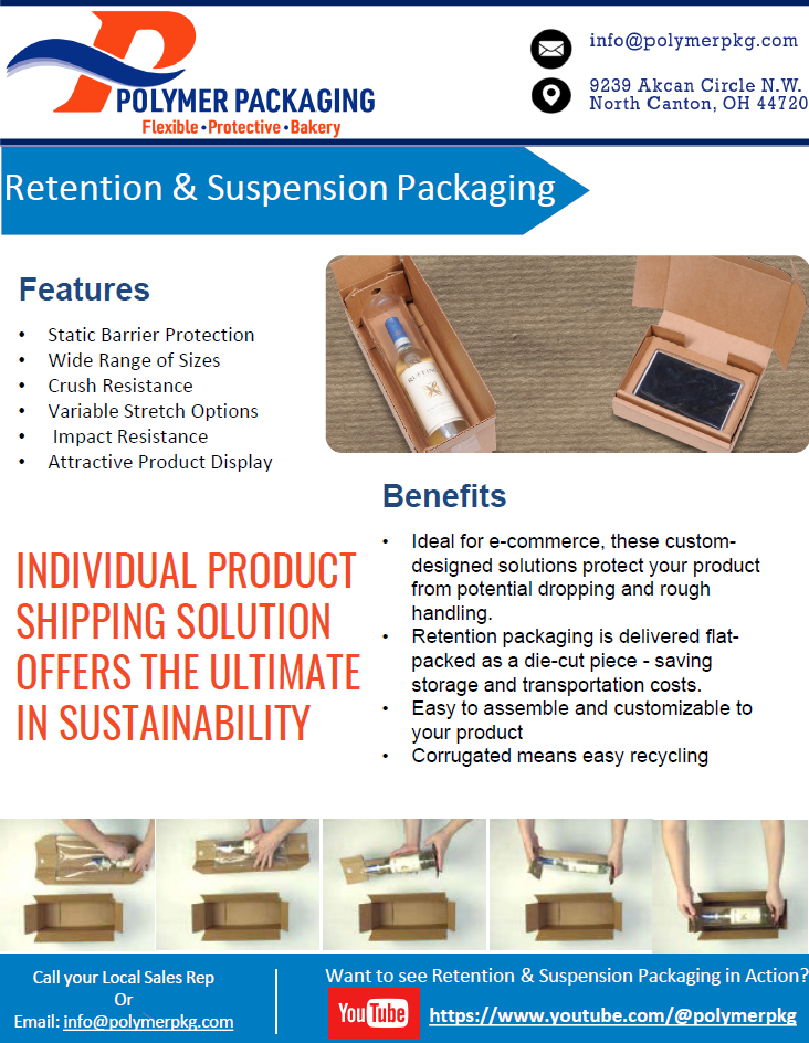 Retention suspension sell sheet outlining packaging solutions for secure product retention during storage and transit.