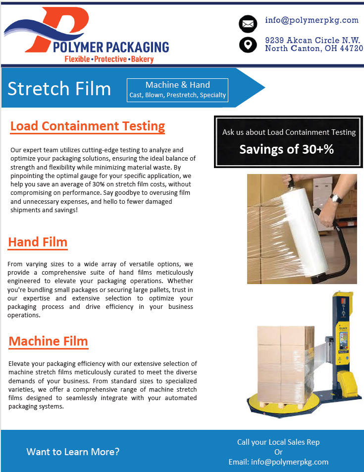 Stretch film sell sheet showcasing packaging solutions for securing loads during transportation and storage.