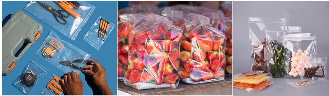 Three poly bags: one holding fresh strawberries, one containing tools, and one with dried food.