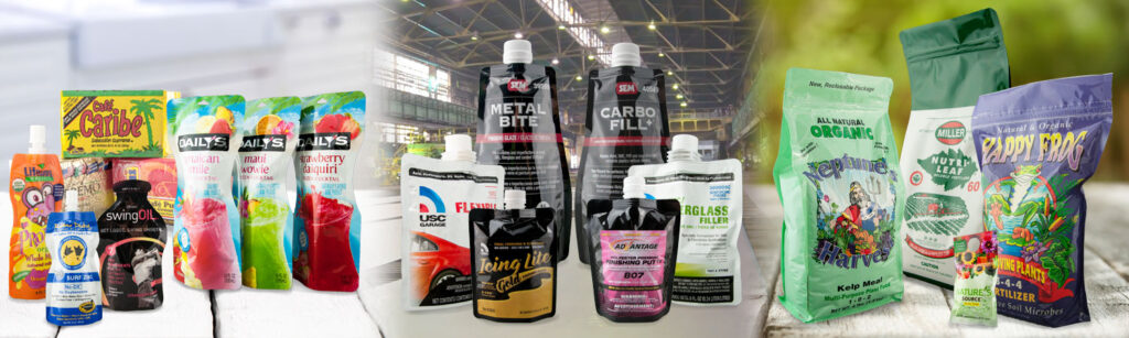 Three different stand-up pouches, some with spouts, featuring full-color printed designs.